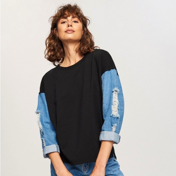 Reserved Women’s Sweatshirt Sz M Black Denim Distressed Sleeves Grunge Edgy Top - Picture 2 of 12